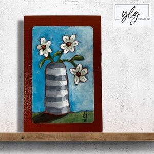 Original Painting Tall Posies Striped Vase Flowers Mini Easel Display Artwork